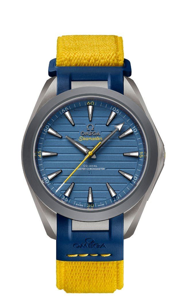 The blue-dial Omega Aqua Terra Ultra Light with yellow and blue strap